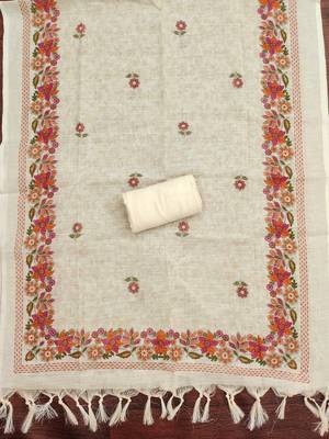 cream floral print linen cotton unstitched dress material  4