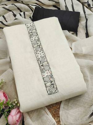 cream floral print linen cotton unstitched dress material  1