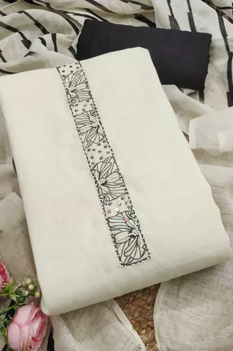 cream floral print linen cotton unstitched dress material 
