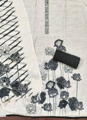 cream floral print linen cotton unstitched dress material  2