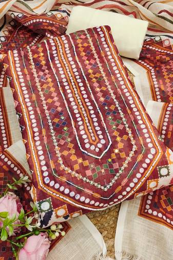 multicolor geometric print linen cotton unstitched dress material 