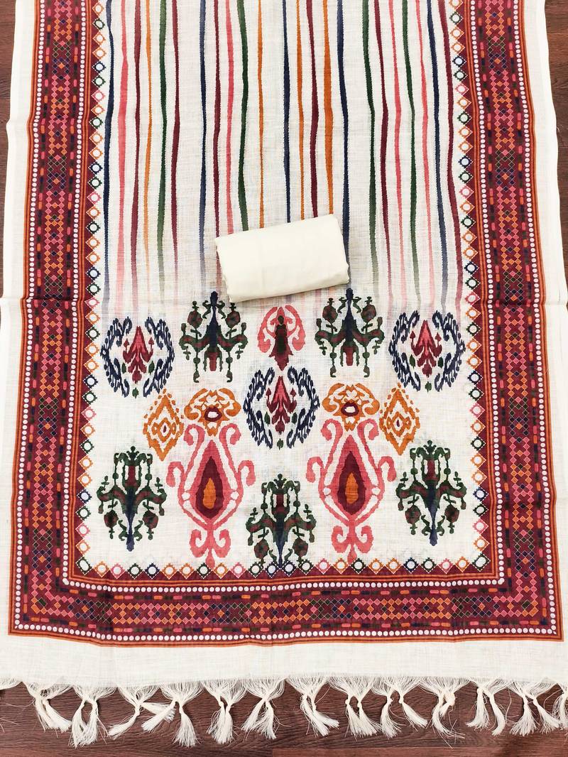 multicolor geometric print linen cotton unstitched dress material 