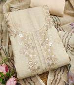 cream floral print linen cotton unstitched dress material 