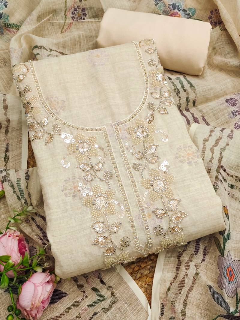cream floral print linen cotton unstitched dress material 