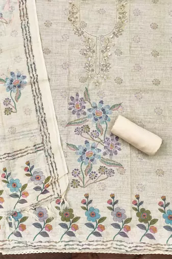 cream floral print linen cotton unstitched dress material 