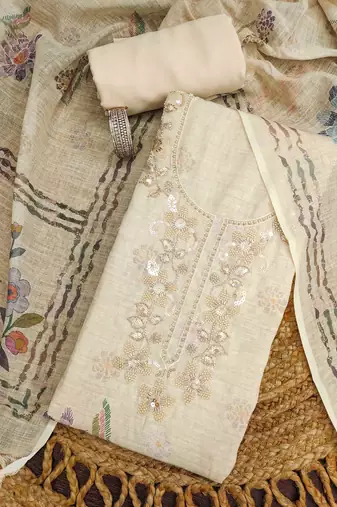 cream floral print linen cotton unstitched dress material 