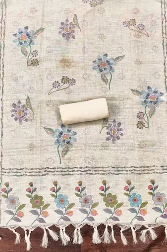 cream floral print linen cotton unstitched dress material 