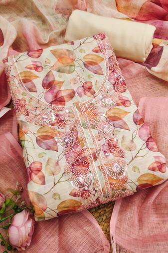 pink digital print linen cotton unstitched dress material 