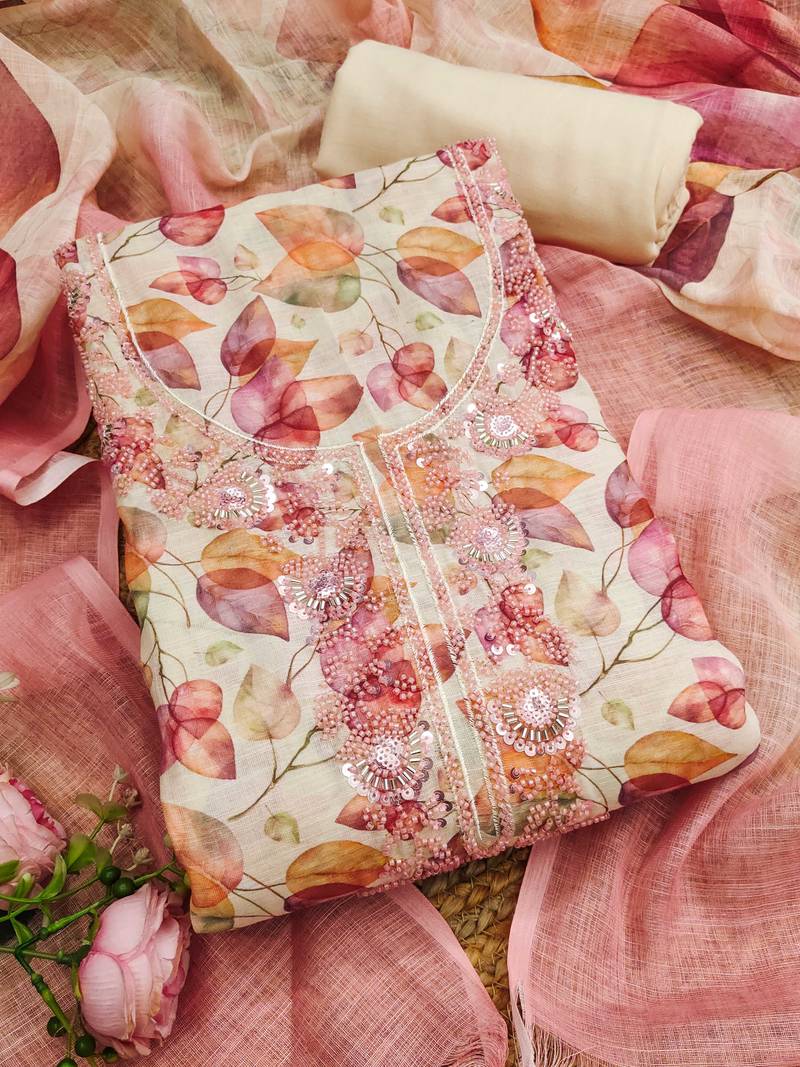 pink digital print linen cotton unstitched dress material 