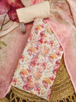 pink digital print linen cotton unstitched dress material  3
