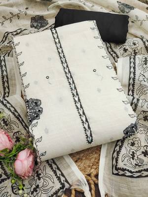 white floral print linen cotton unstitched dress material  1
