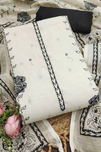 white floral print linen cotton unstitched dress material 