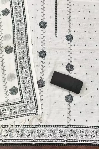 white floral print linen cotton unstitched dress material 