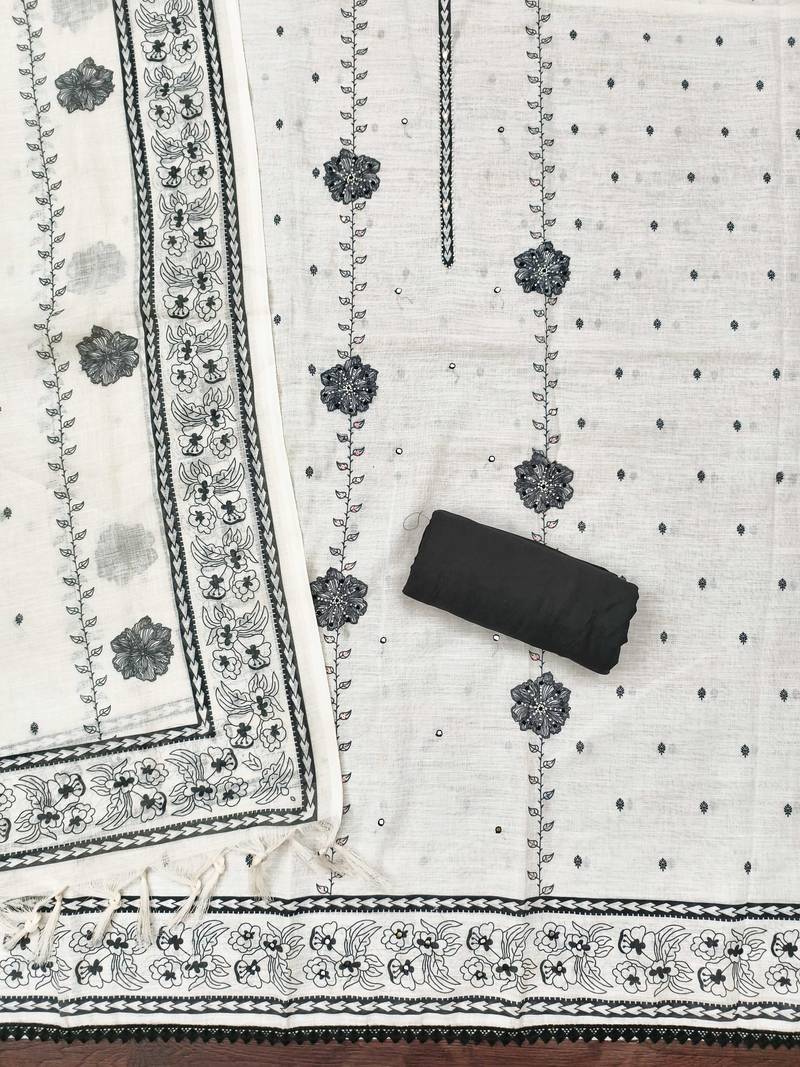 white floral print linen cotton unstitched dress material 