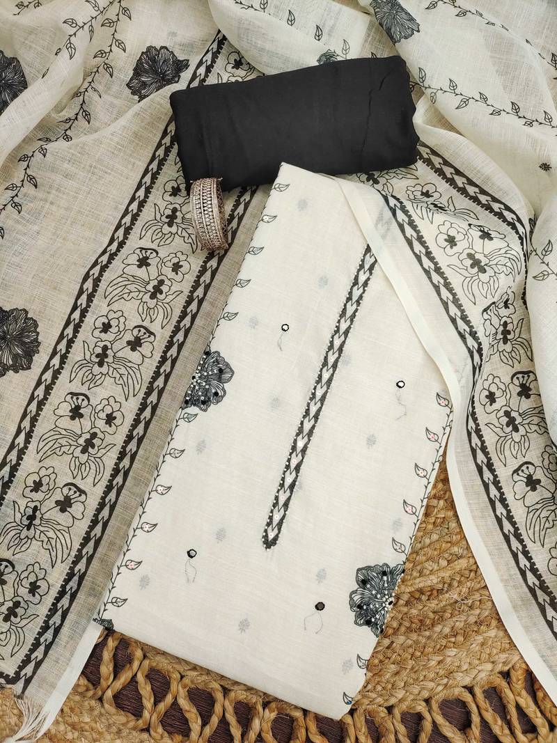 white floral print linen cotton unstitched dress material 