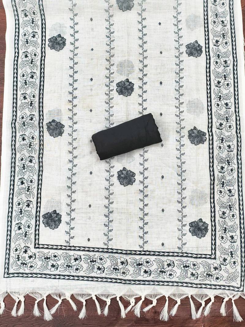 white floral print linen cotton unstitched dress material 