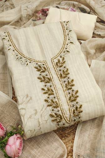 cream floral print linen cotton unstitched dress material 