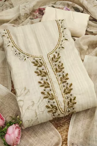 cream floral print linen cotton unstitched dress material 