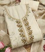 cream floral print linen cotton unstitched dress material 