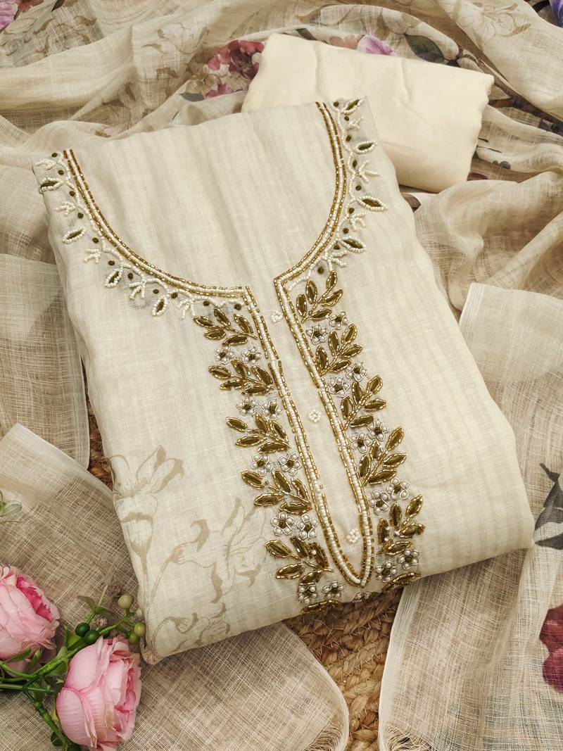 cream floral print linen cotton unstitched dress material 