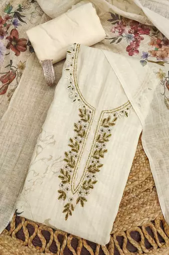 cream floral print linen cotton unstitched dress material 