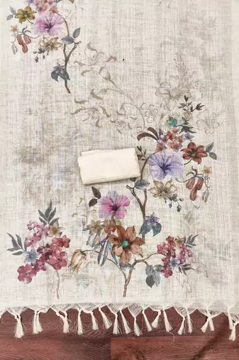 cream floral print linen cotton unstitched dress material 