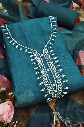 teal blue beads linen cotton unstitched dress material 
