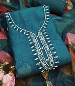 teal blue beads linen cotton unstitched dress material 