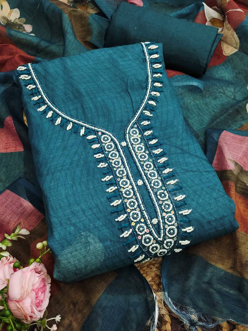 teal blue beads linen cotton unstitched dress material 