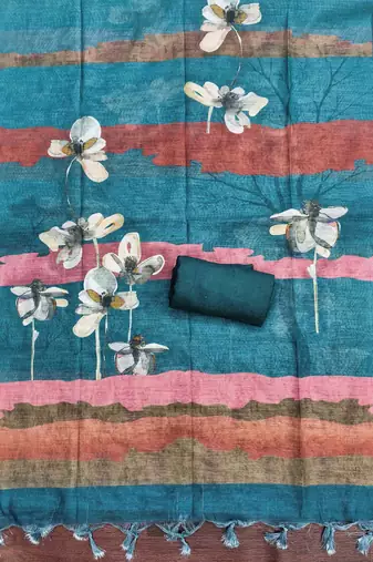 teal blue beads linen cotton unstitched dress material 