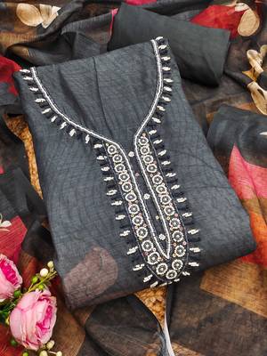 charcoal grey beads linen cotton unstitched dress material  1
