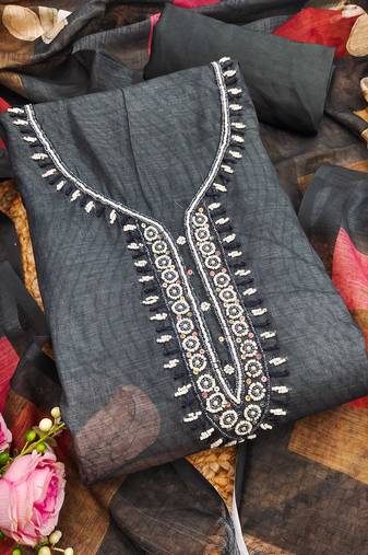 charcoal grey beads linen cotton unstitched dress material 