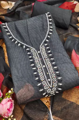 charcoal grey beads linen cotton unstitched dress material 