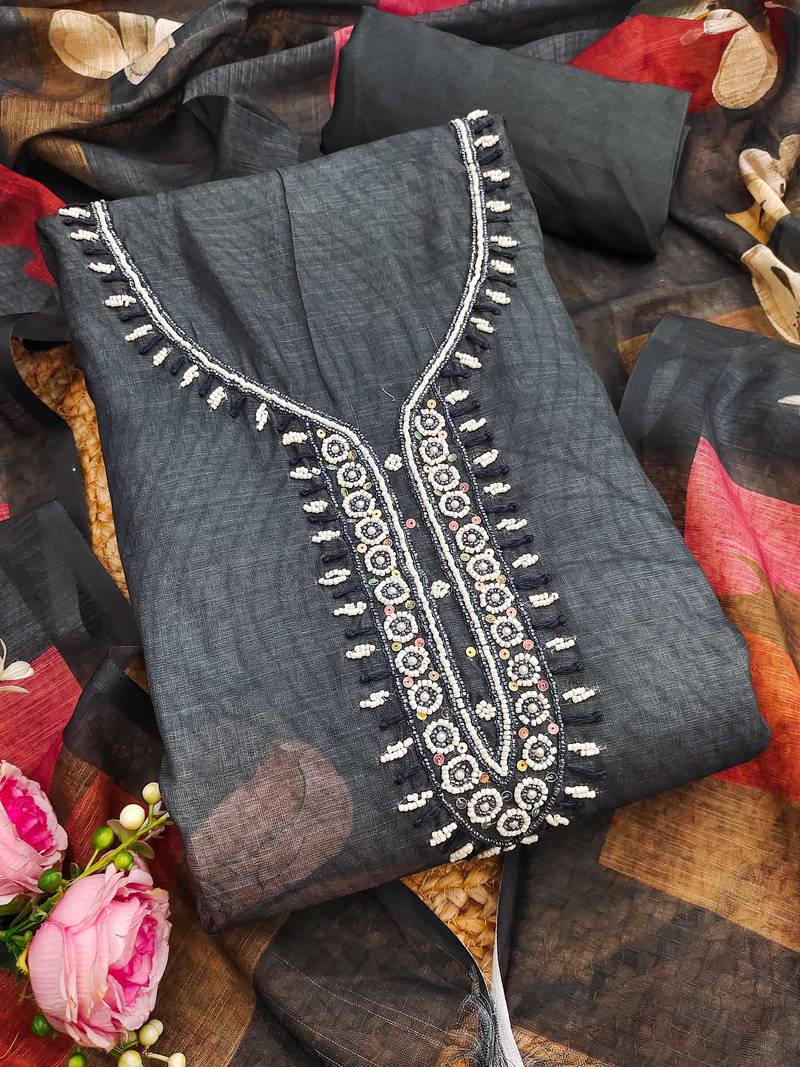 charcoal grey beads linen cotton unstitched dress material 