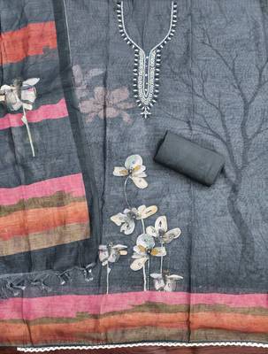 charcoal grey beads linen cotton unstitched dress material  2
