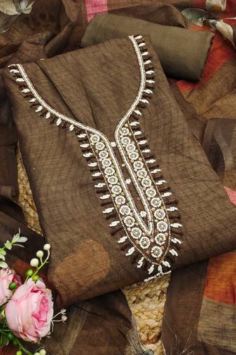 coffee brown beads linen cotton unstitched dress material 