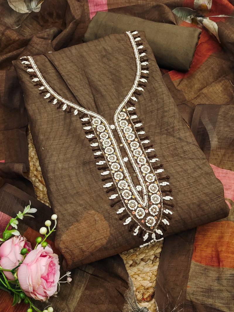 coffee brown beads linen cotton unstitched dress material 