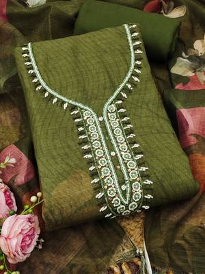 olive green beads linen cotton unstitched dress material  1