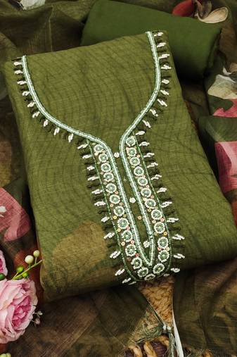 olive green beads linen cotton unstitched dress material 