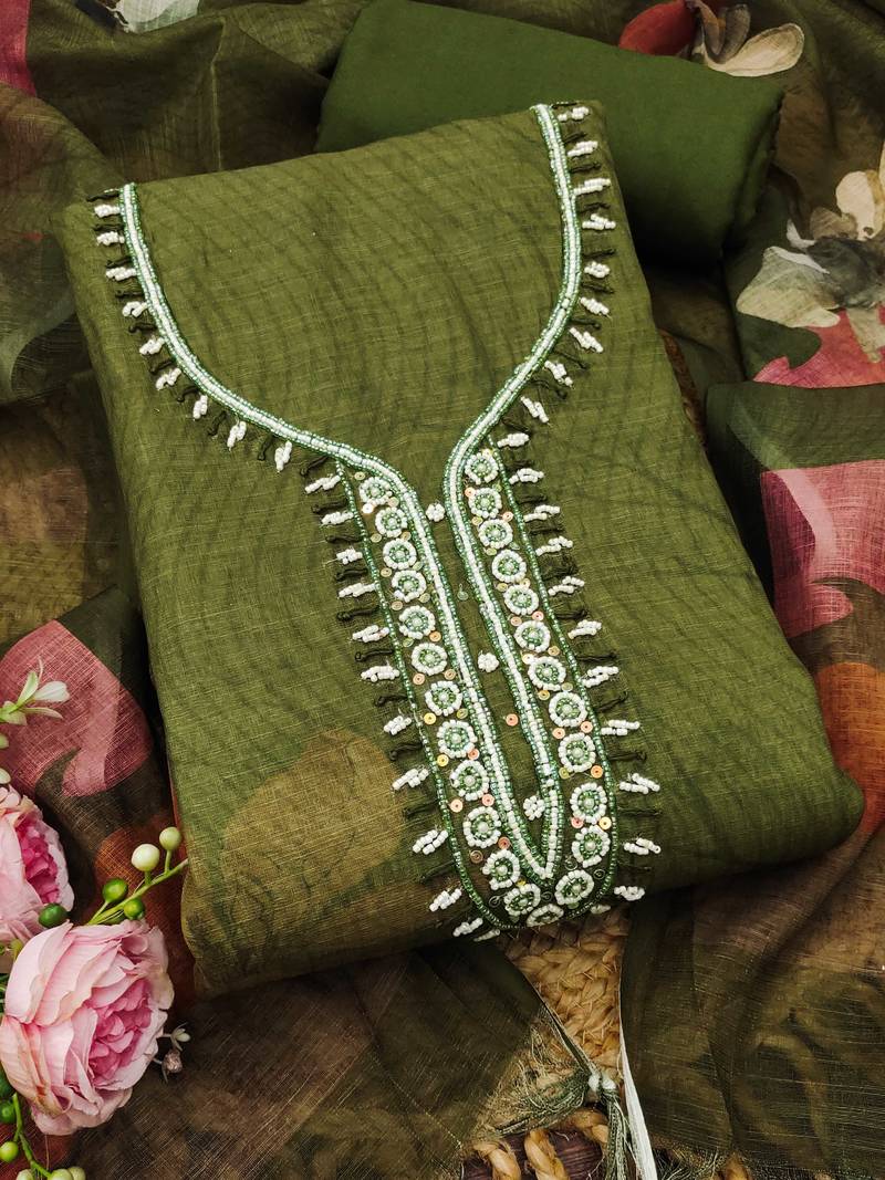olive green beads linen cotton unstitched dress material 
