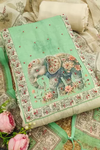 mint green digital print linen cotton unstitched dress material 