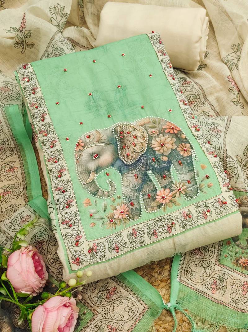 mint green digital print linen cotton unstitched dress material 