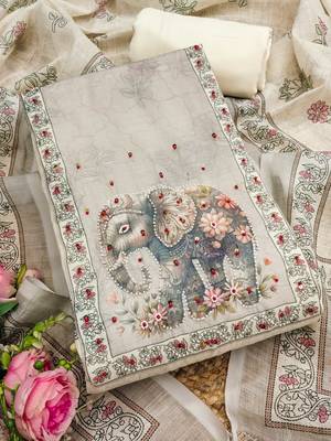 beige digital print linen cotton unstitched dress material  1