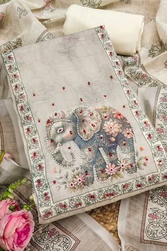 beige digital print linen cotton unstitched dress material 