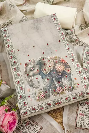 beige digital print linen cotton unstitched dress material 