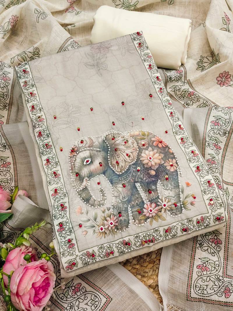 beige digital print linen cotton unstitched dress material 