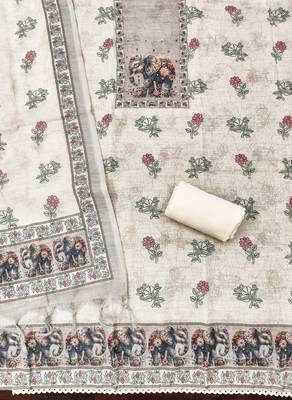 beige digital print linen cotton unstitched dress material  2