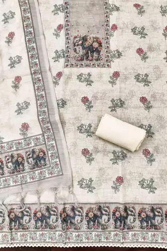 beige digital print linen cotton unstitched dress material 