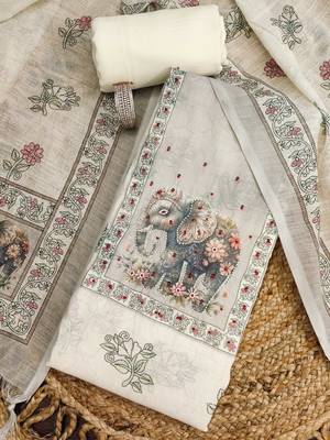 beige digital print linen cotton unstitched dress material  3
