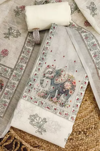 beige digital print linen cotton unstitched dress material 